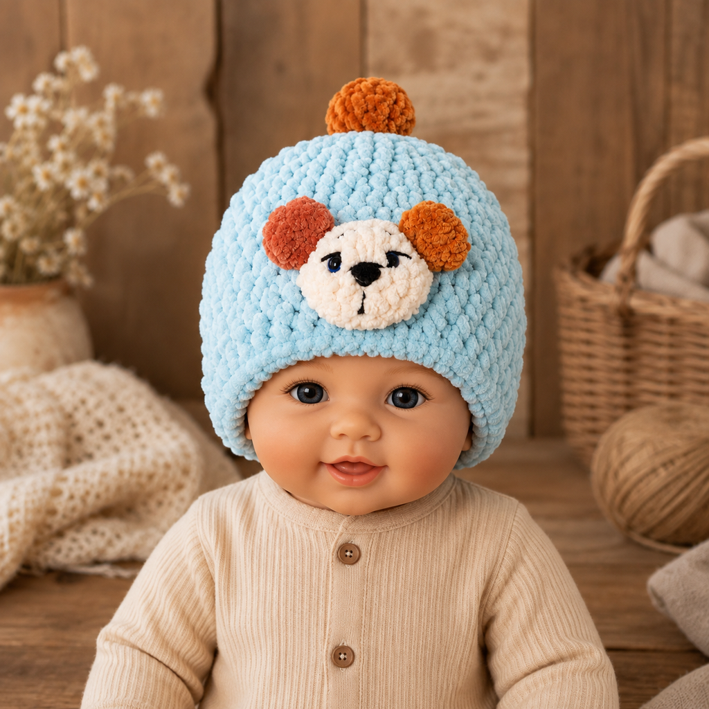 🧸 Handgjord baby-mössa med nalle